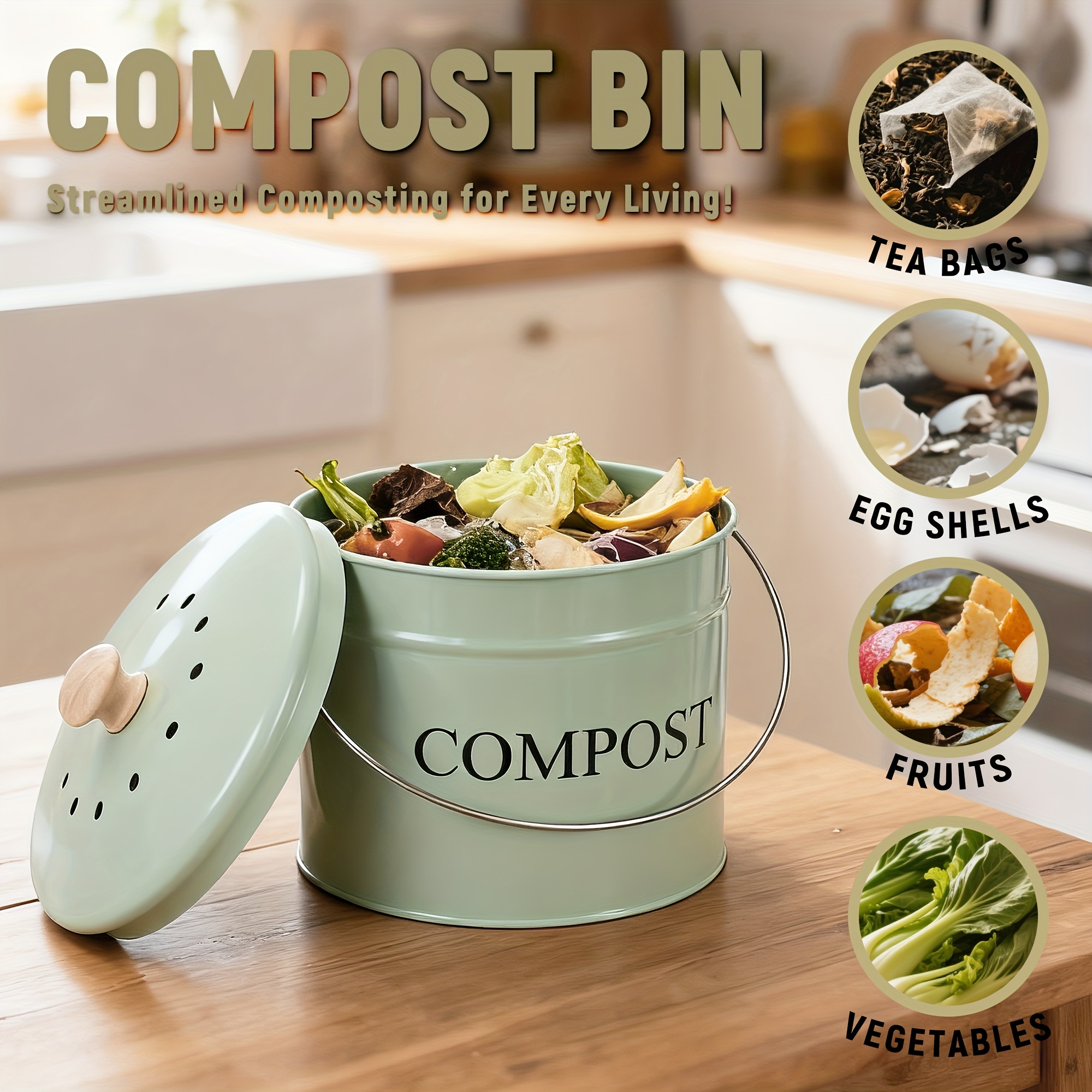 1 3 gallon kitchen compost bin with odor proof lid heavy duty iron construction easy clean indoor bin with carbon filter inner   saving design for home office use small compost bin for kitchen