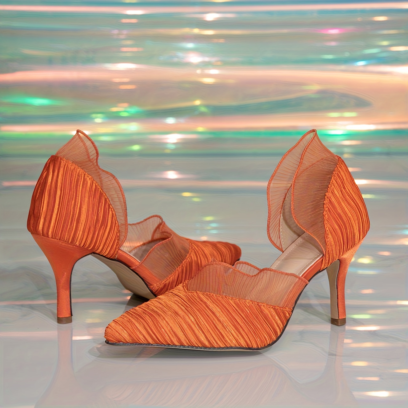 Women's Retro Vibrant Orange Pointed Toe Stiletto Heel Sandals - Mid-Heel Height with Arch Support, Open-Toe Design & TPU Sole - Elegant Dress Shoes for Work, Formal Events, Casual Attire - All-Season Comfortable High Heels - Solid Color D-Orsay Style with Ruffled Edge & Faux Cover Lining - Hand Wash Dry Clean - Perfect for Casual Formal Outfits, Fancy Heels for Women, Petite Pointed High Heel Shoes, Boots for Women Elegant Classy, Formal Lady Shoes,