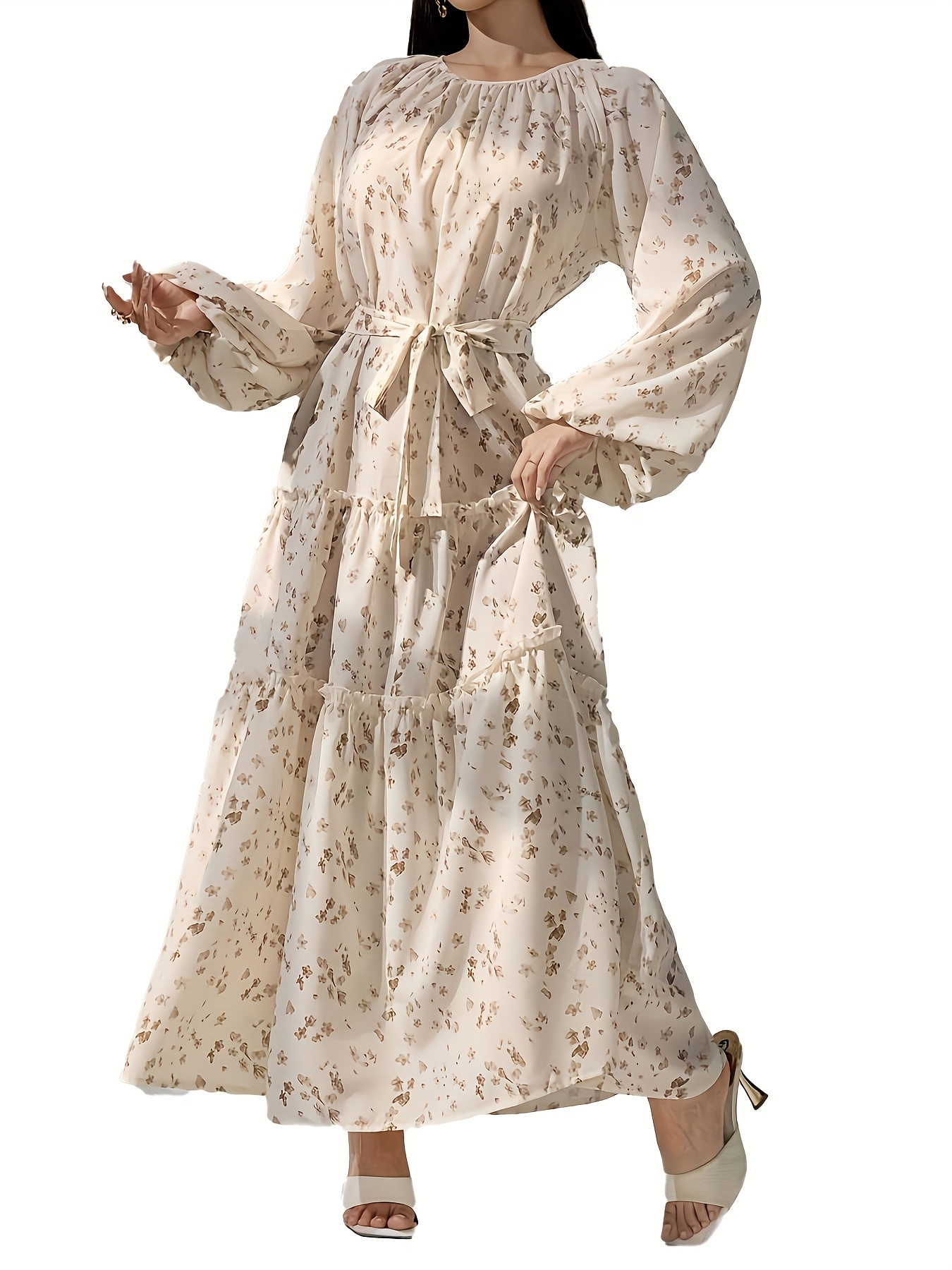 Women's Floral Maxi Dress Women's Floral Maxi Dress – 3/4 Sleeve Crewneck Vacation Swing Dress With Pockets, Retro Flowy Oversized Sundress