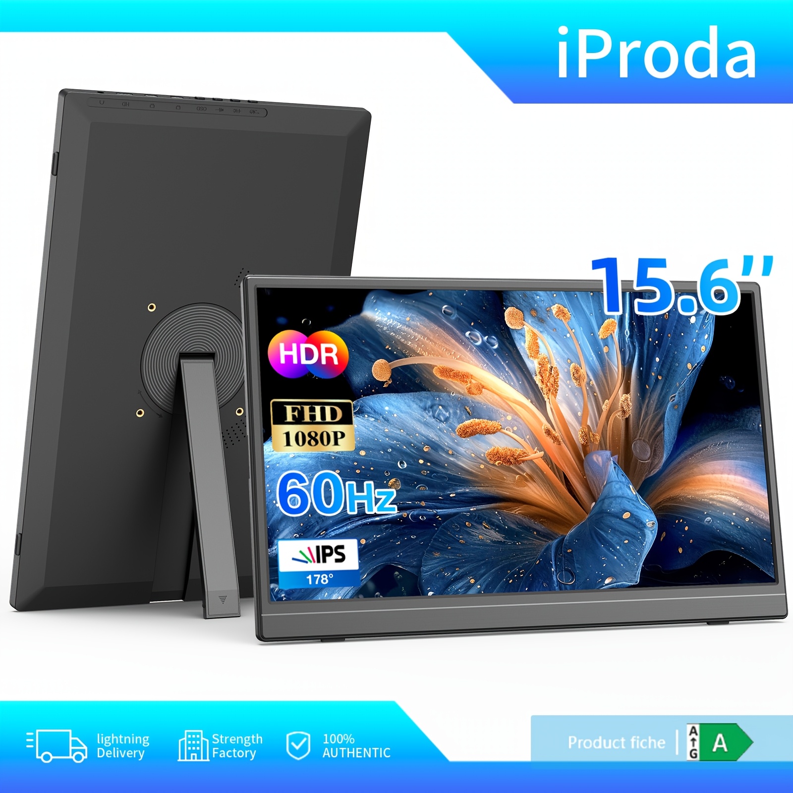 15,6-palčni prenosni monitor, 1920*1080P FHD IPS igralni zaslon, 60Hz, 100% NTSC barvni razpon, opremljen z dvojnimi zvočnikoma in 90° vrtljiv