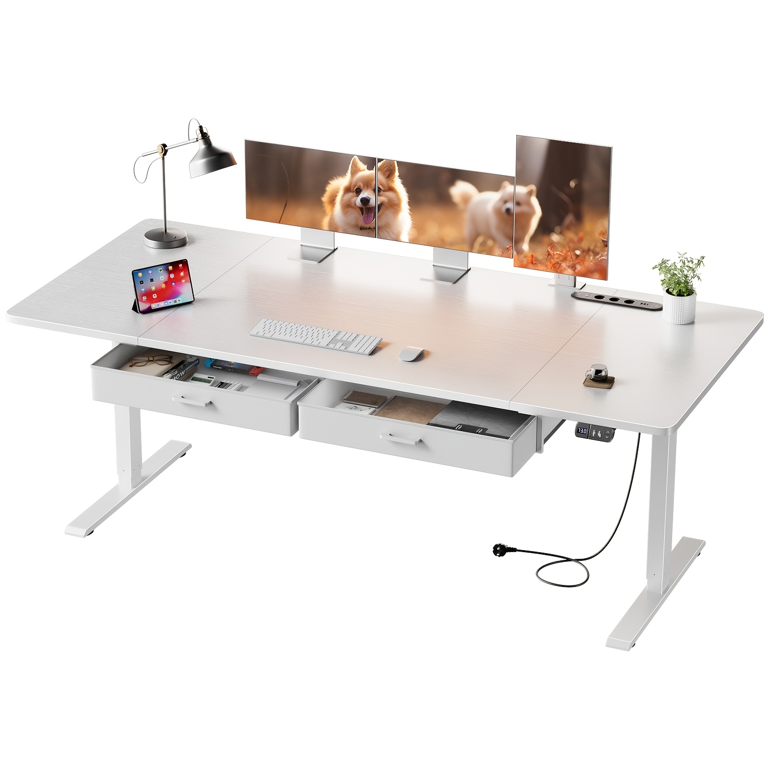 TEMU Furnishia Electric Standing Desk With Memory & 2 Drawers, Height Adjustable Desk With Power Outlets, Computer Desk For Home, Writing Workstation