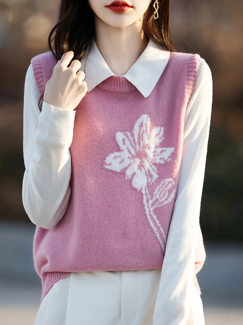 Flower Embroidery Solid Color Round Neck Sweaters Flower Embroidery Solid Color Round Neck Sweaters