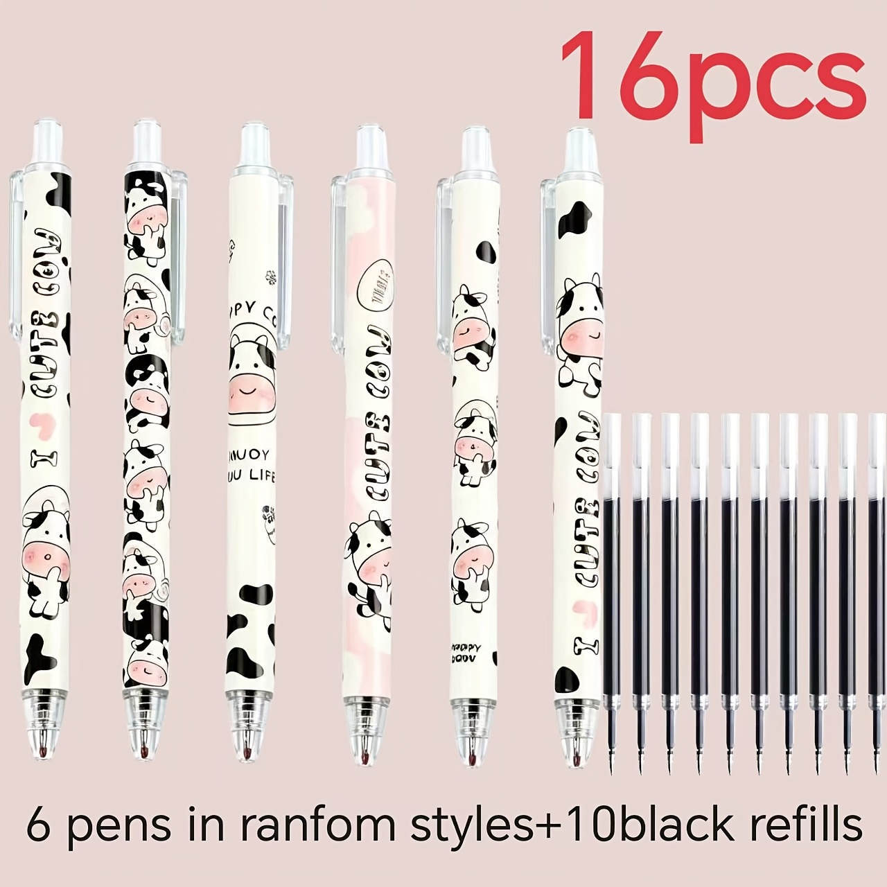 TEMU Ensemble de 16 stylos gel 0,5 mm, motif vache , stylos rétractables , lisse, cadeau pour
