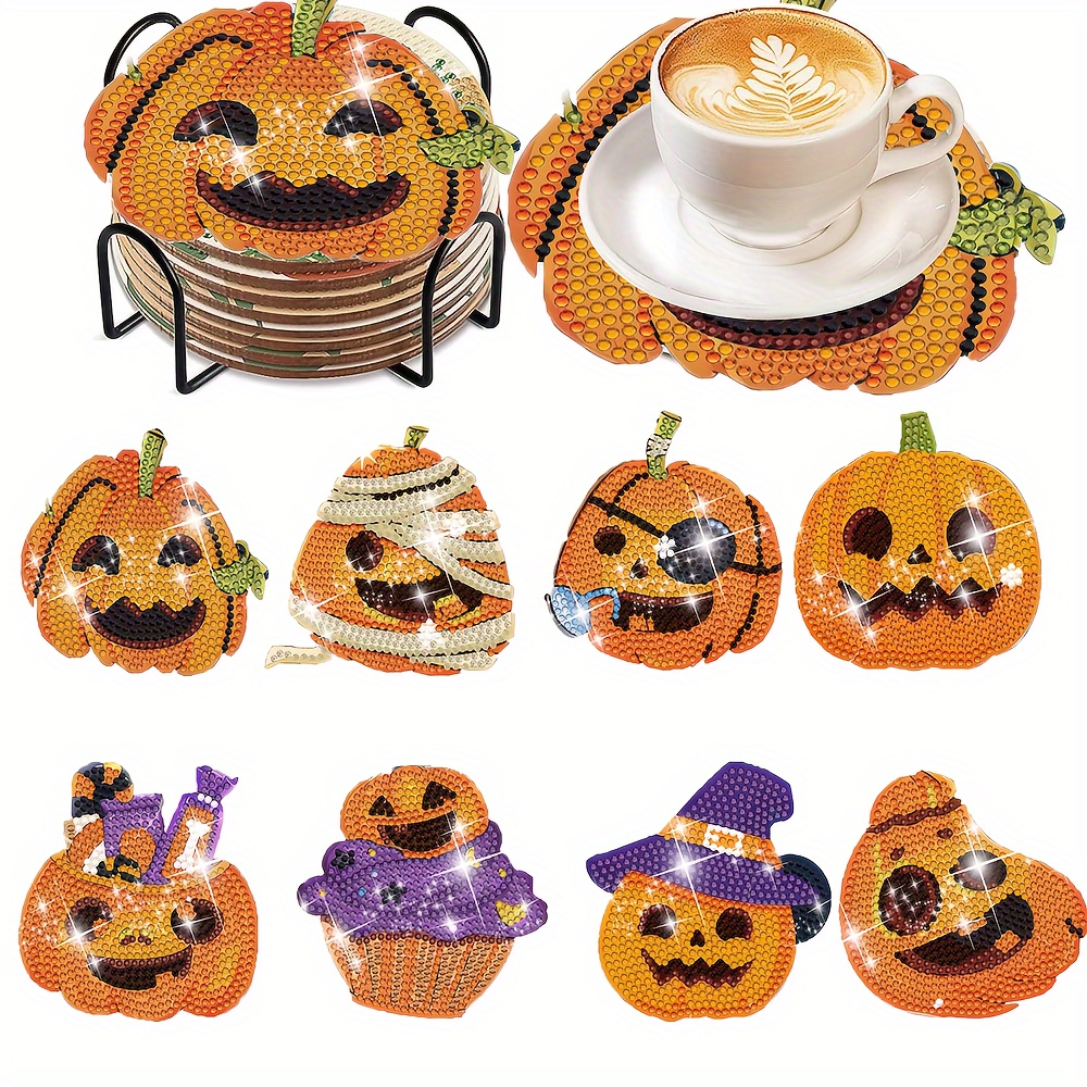 

8 Of Halloween Brackets, Diy Diamond Art Coaster Set, Suitable In Art And Craft Supplies