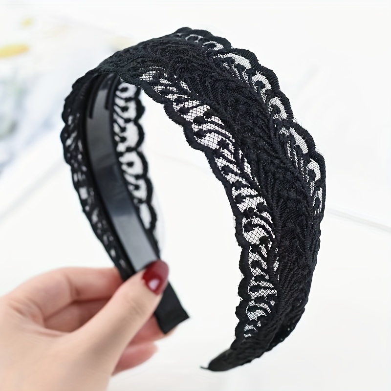 

1pc Elegant Black Lace Wide Headband For Women – Non-slip, Intricate Floral Pattern, Accessory