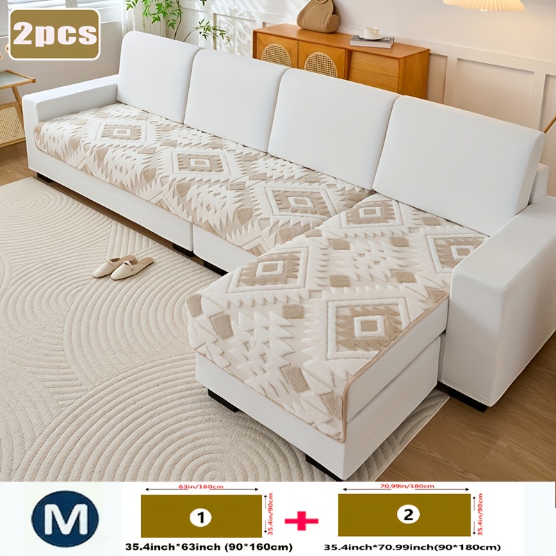 2pcs Bohemian Style Fashionable Jacquard L-shaped Sofa Covers | Thickened Anti-slip Velvet, Machine Washable, Use For Home And Office Decoration