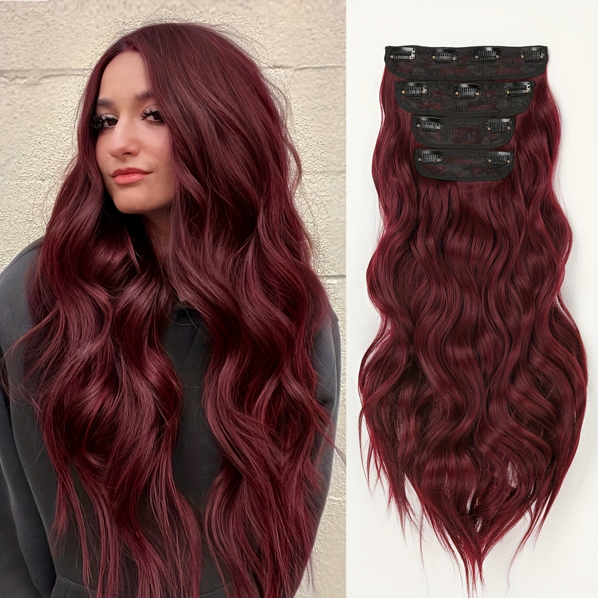 TEMU Extensión de Cabello Color Ombre 22 Pulgadas Largo Ondulado Resistente al