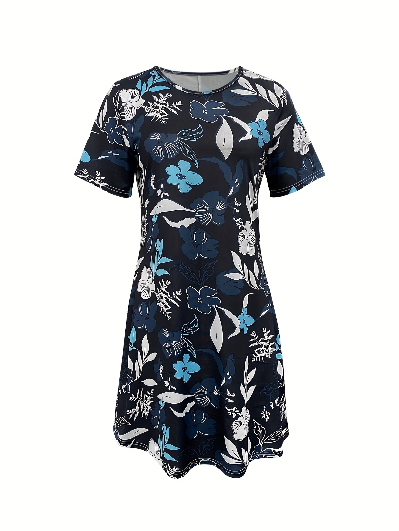 floral print crew neck dress vacation style short sleeve a line dress for spring summer womens clothing navy blue 1