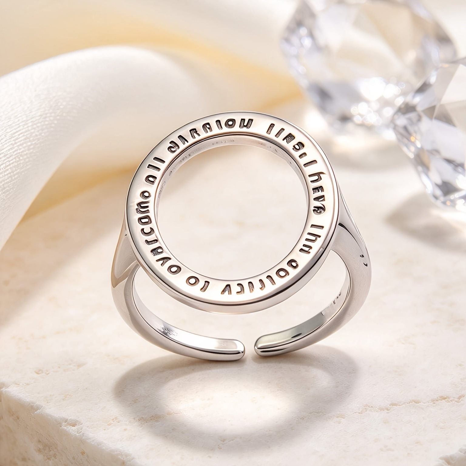 Engraved Hollow Round Open Statement Ring, Adjustable