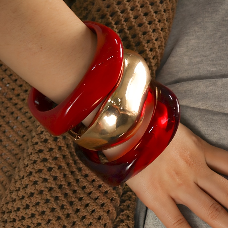 TEMU Bracelet large rouge rétro pour femmes, bracelet asymétrique irrégulier en acrylique, niche de qualité supérieure, bracelet empilable