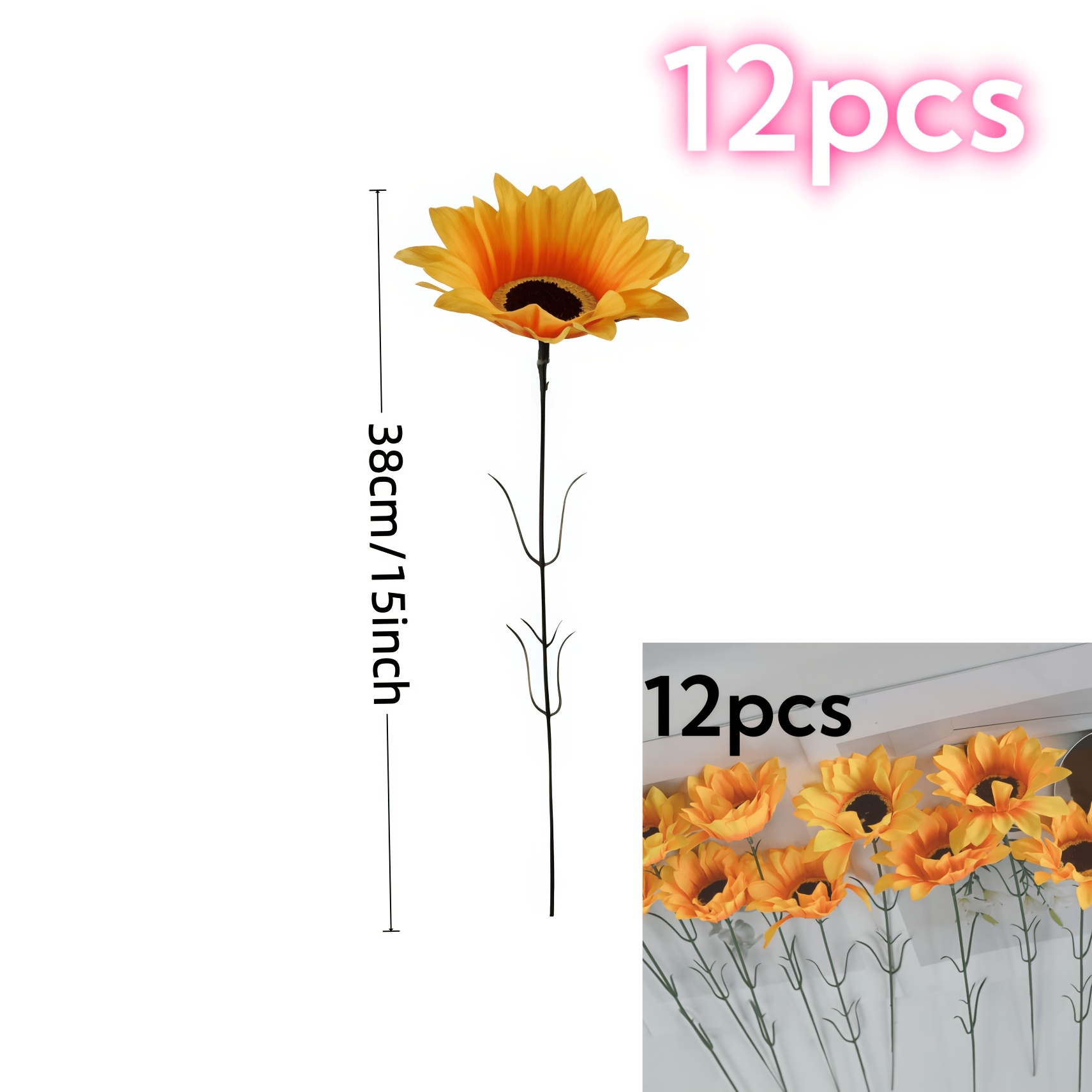 TEMU 12pcs Set Of Large Artificial Sunflowers, Maintenance-free, Suitable For Harvest Festivals, Halloween, Bridal Wedding Bouquets, Wedding