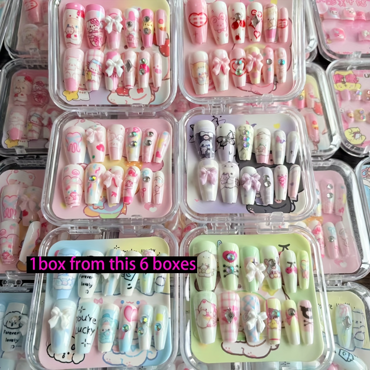 E-shop 12 Stk./Box Handgemachte Sanrio Hellokitty und Freunde Mittellange Ballett Mandel Cartoon Aufdrückbare für Nägel mit Schleife für Nagelkunst