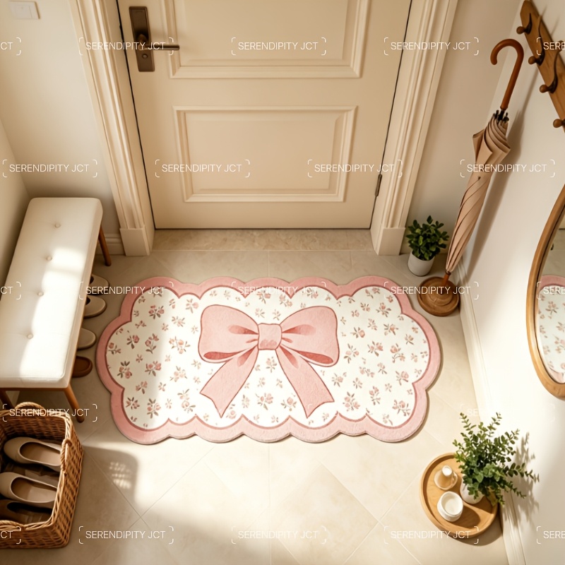 TEMU 1pc Pink Bow Faux Imitation Cashmere Plush Rug Suitable For Bedroom, Living Room, Entryway - Irregular Shaped Soft Carpet With Non-slip Backing,
