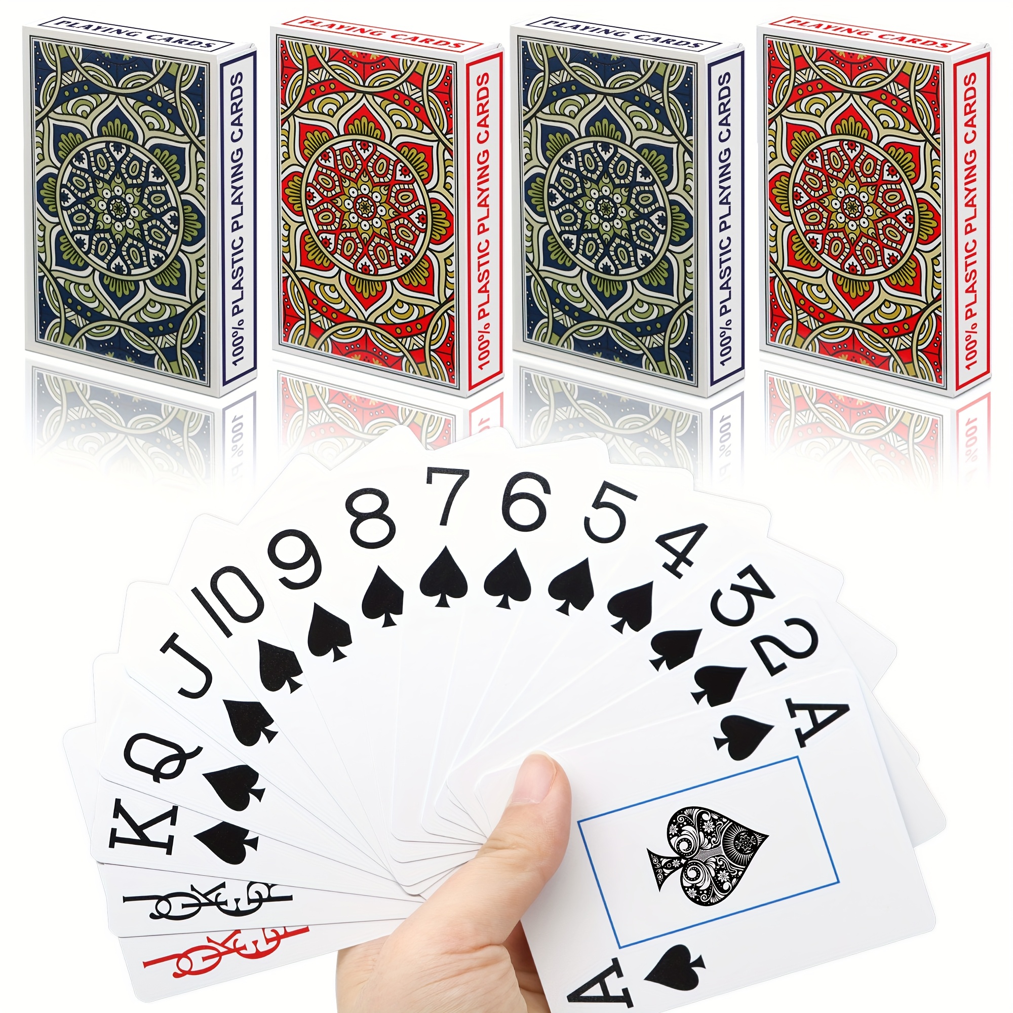 TEMU Jeu de Cartes en Plastique Étanches, Lot de 4 Paquets de Cartes à avec Impression Grande Taille pour Adultes et Seniors - Jeu de Cartes de
