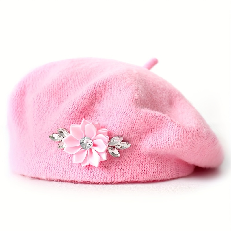 TEMU 1pc Rhinestone Flower Wool Solid Color Women's Beret, Multiple Colors Available, Suitable For Daily Use