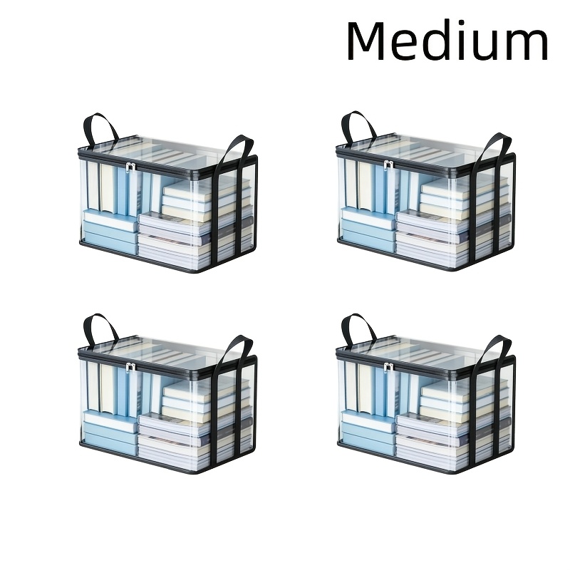 TEMU 4pcs Transparent Book Storage Boxes With Zips, Ideal For Organising Books And Clothes, Perfect For Tidying Books In Classrooms Or At Home.