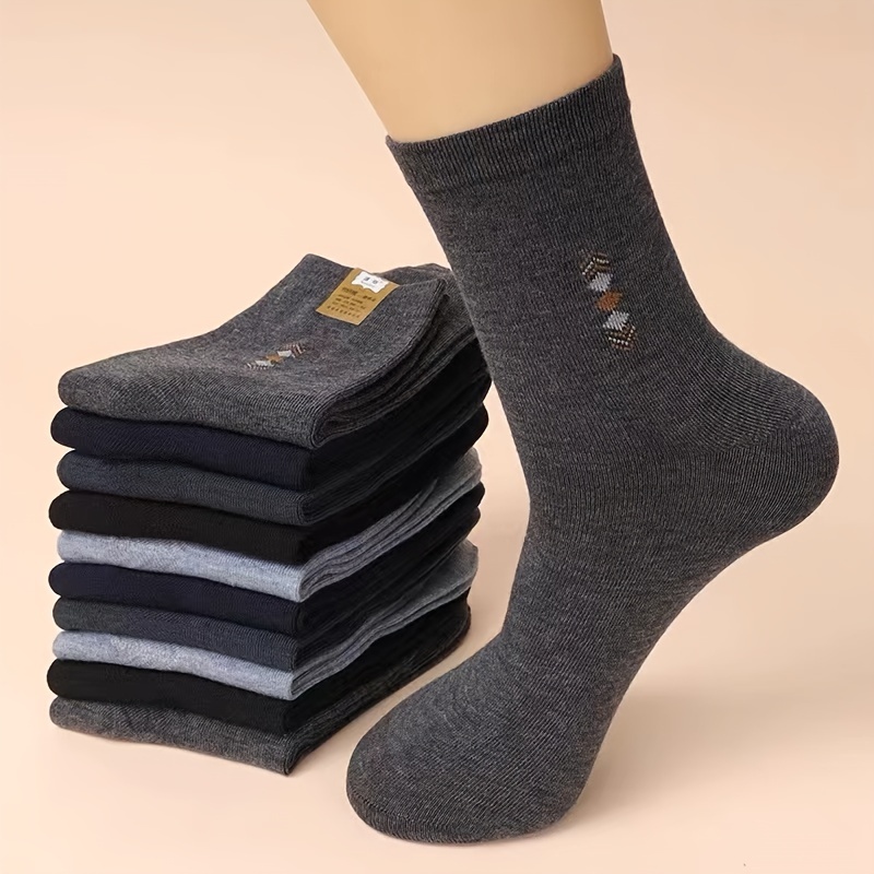 

5 Pairs Of Men's Knitted Simple Argyle Crew Socks, Anti Odor & Sweat Absorption Breathable Socks, For All Wearing