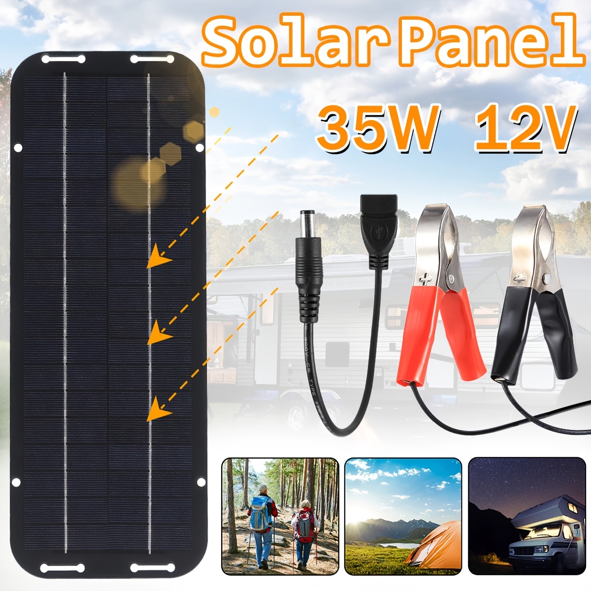 TEMU 1pc 35w 12v Portable Solar Panel, Diy Solar Charger For Car, Rv, Camping, Fishing, Hunting, Outdoor Mobile Phone Emergency Charging, Without