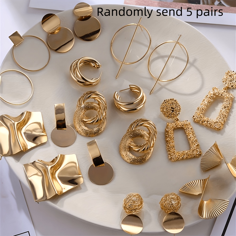 Image of Random 5-pair Metal Geometric Earrings Set For Women, Suitable For Daily Wear, Party, And Holiday Gifts (mixed Colors)