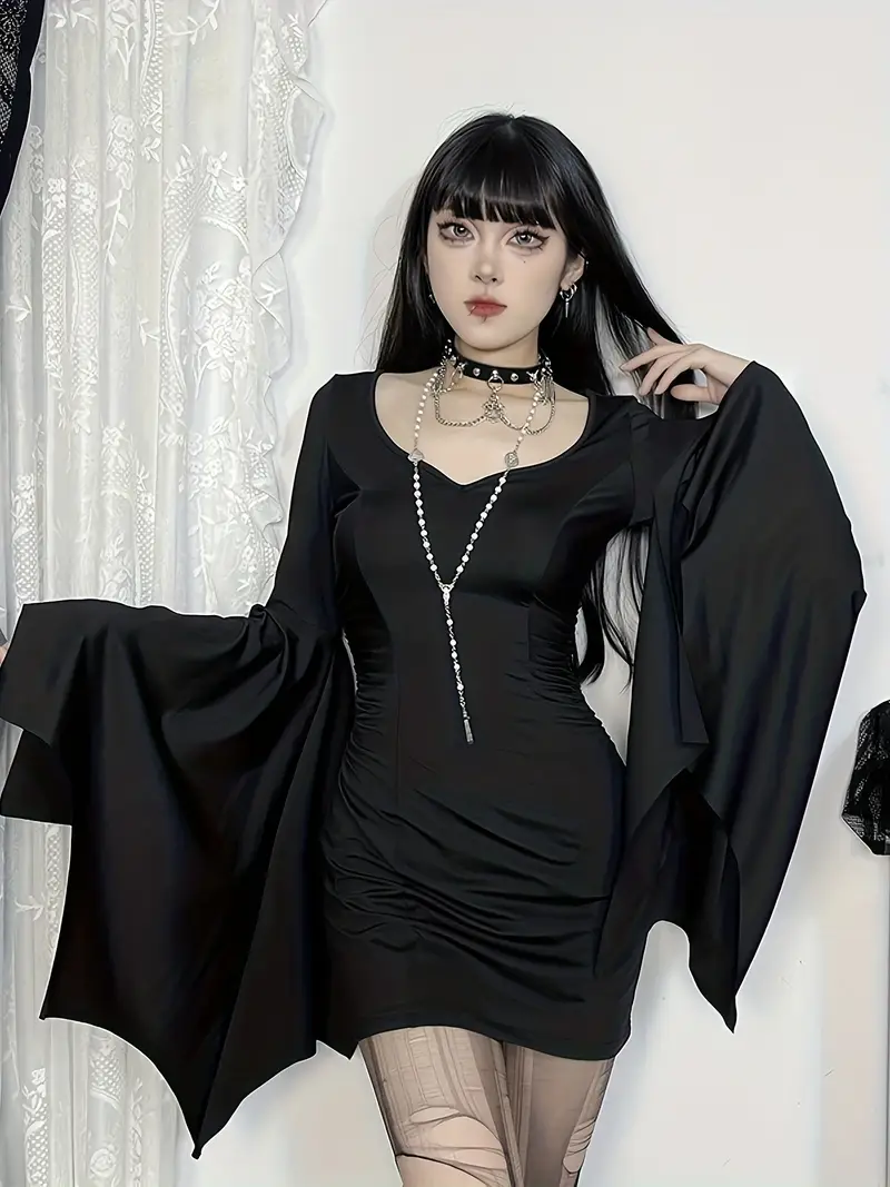 y2k goth black batwing long sleeve bodycon party dresses - Temu Georgia y2k goth black batwing long sleeve bodycon party dresses - Temu Georgia