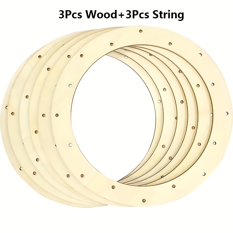 TEMU Ensemble de 6 anneaux décoratifs en bois, comprenant 3 pièces en bois et 3 cordes, idéal pour les couronnes de Noël, les décorations de mariage