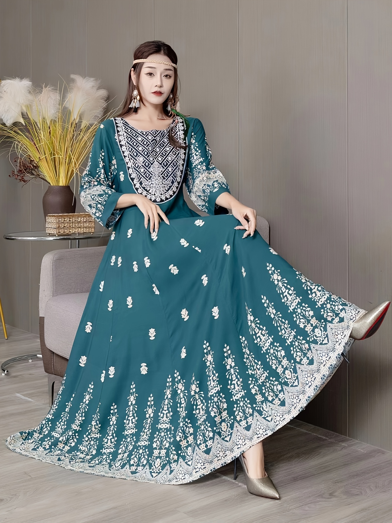 bohemian embroidered maxi dress vintage style floral - Temu