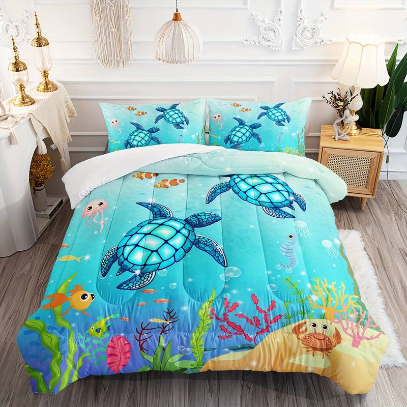 Turtle Piumino California King Size 4 Pezzi – Biancheria Letto Oceano Con Tartarughe, Per Ragazzi E Ragazze