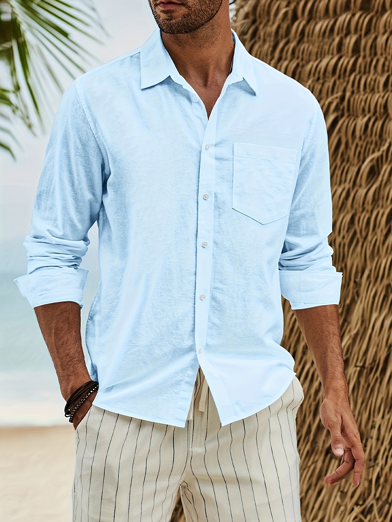 Men's Summer Linen-Blend Button-Up Shirt, Men's Tops