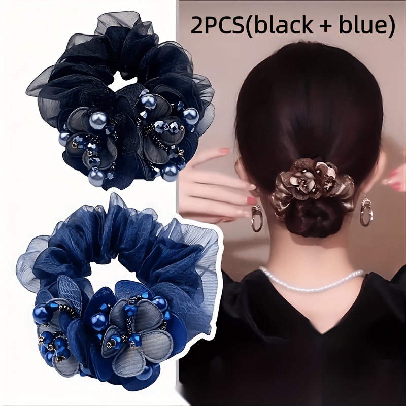 TEMU 2pcs Set: High-end Hair Ties With Floral Accents, Stylish Hair Accessories, Double-layer Mesh Hair Buns, Organza Scrunchies