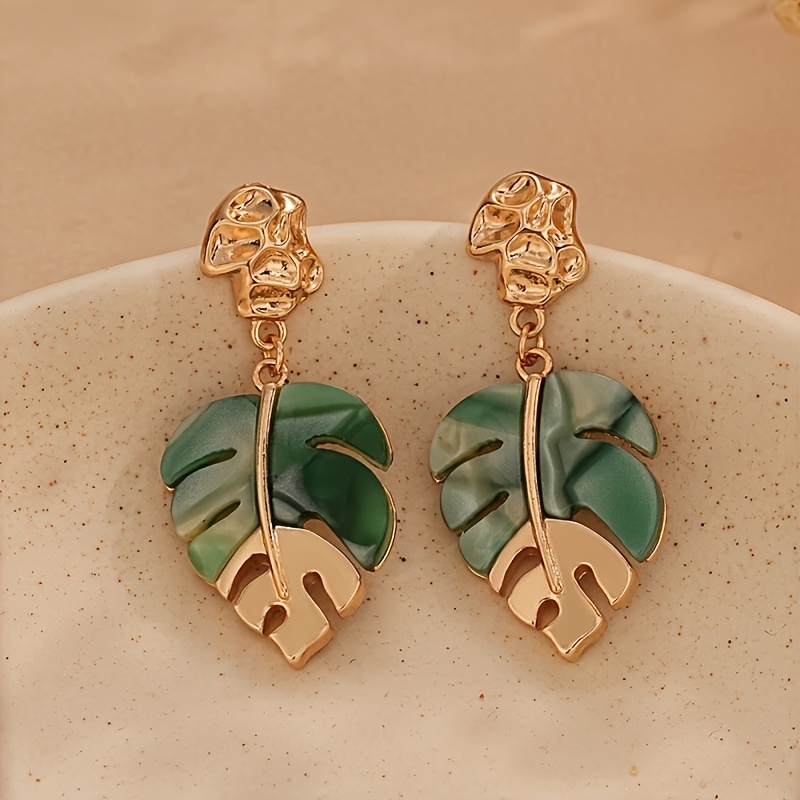 TEMU Boucles d'oreilles pendantes en résine feuille de Monstera facile à , alliage plaqué or, nickel, doux pour , usage pour femmes et adolescentes
