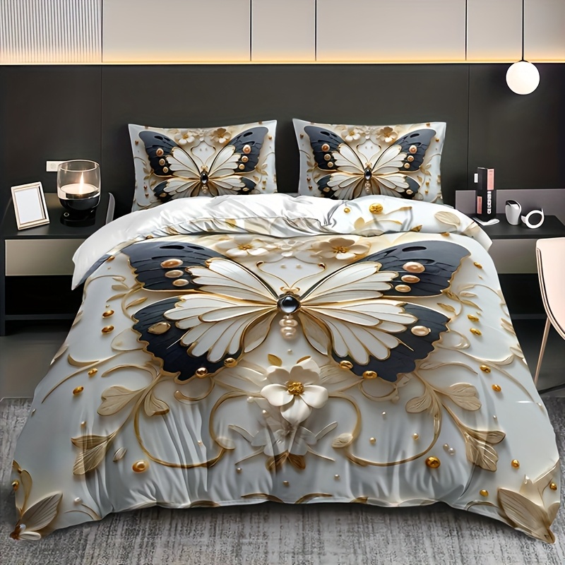 

3pcs Butterfly Floral Duvet Cover Set, Animal Print, Insect Theme, Breathable Polyester, , Machine Washable, With 1 Duvet Cover And 2 Pillowcases, , No Insert For Bedding