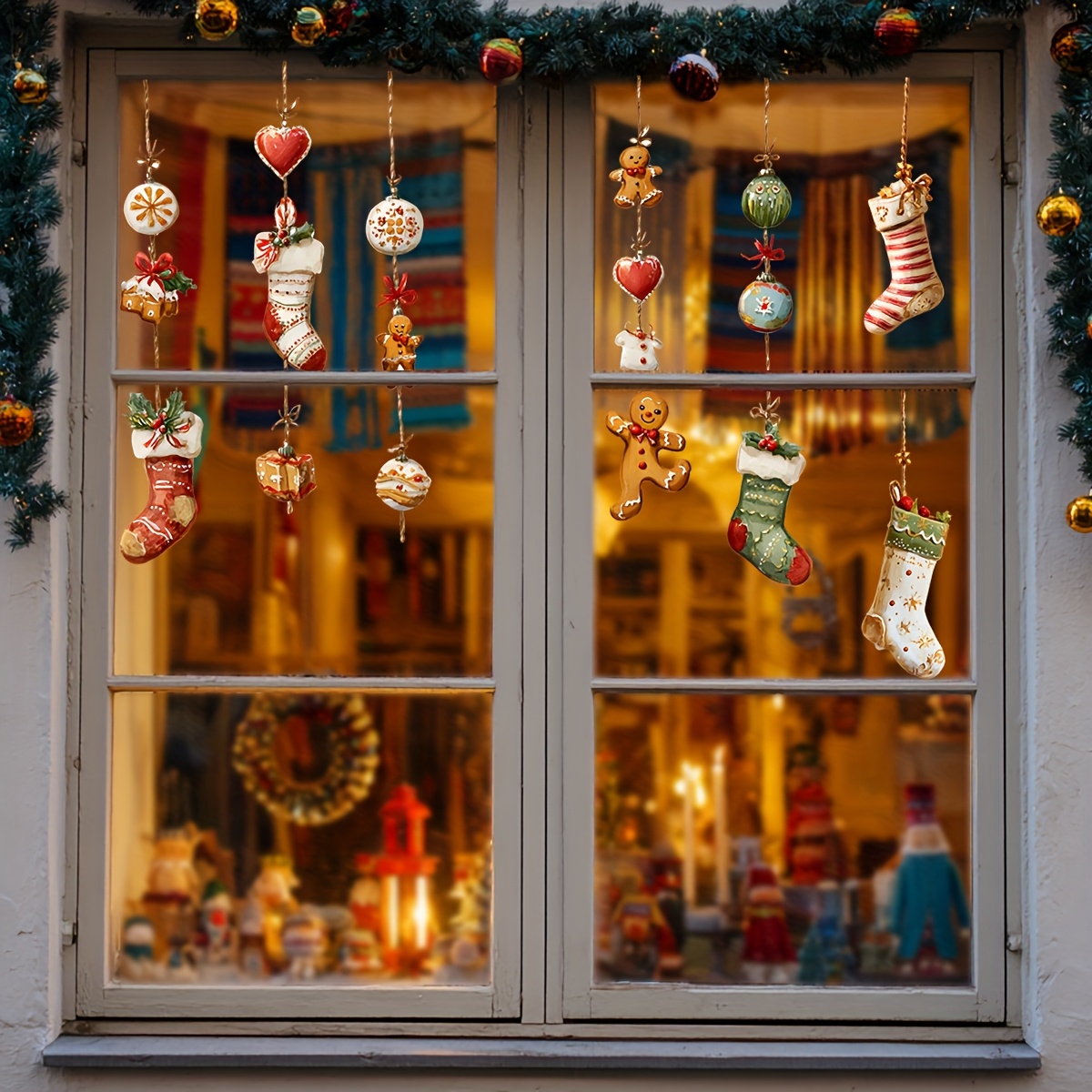 Christmas Stocking And Gingerbread Man Window Stickers, Removable Self-adhesive Christmas Decoration Stickers, Home Door And Window Glass Holiday Decorations