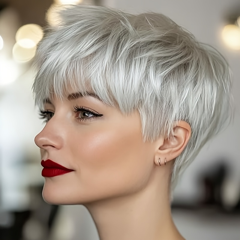 TEMU [] Nicelatus Short Cut Wig With Bangs - Elegant Mixed Blonde Synthetic Hair For Women, Halloween, Christmas Parties & Music Festivals, 120% Density, Straight Style, , Short Hair Wig