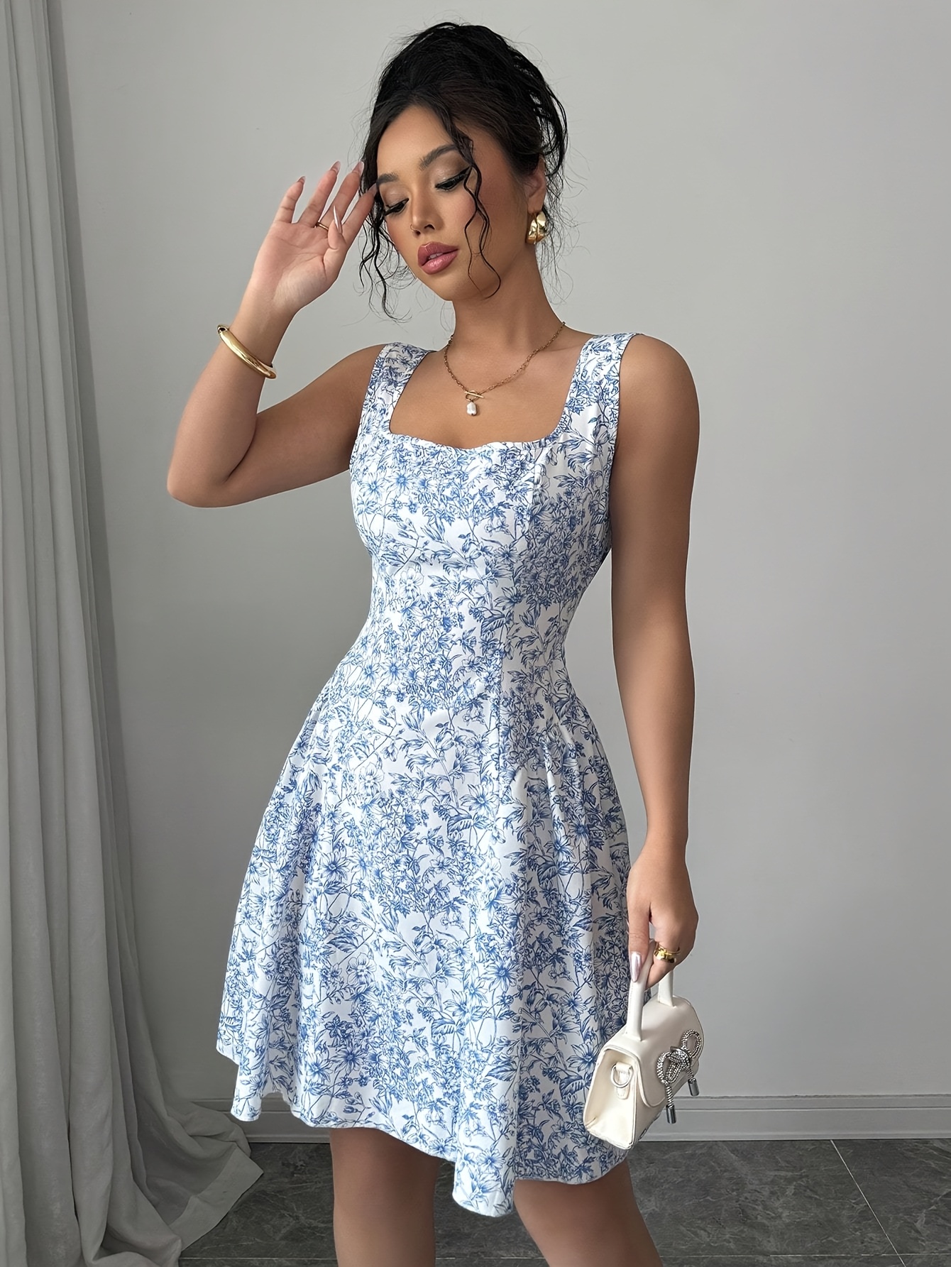 romantic print sleeveless short dress elegant romantic small neck sleeveless