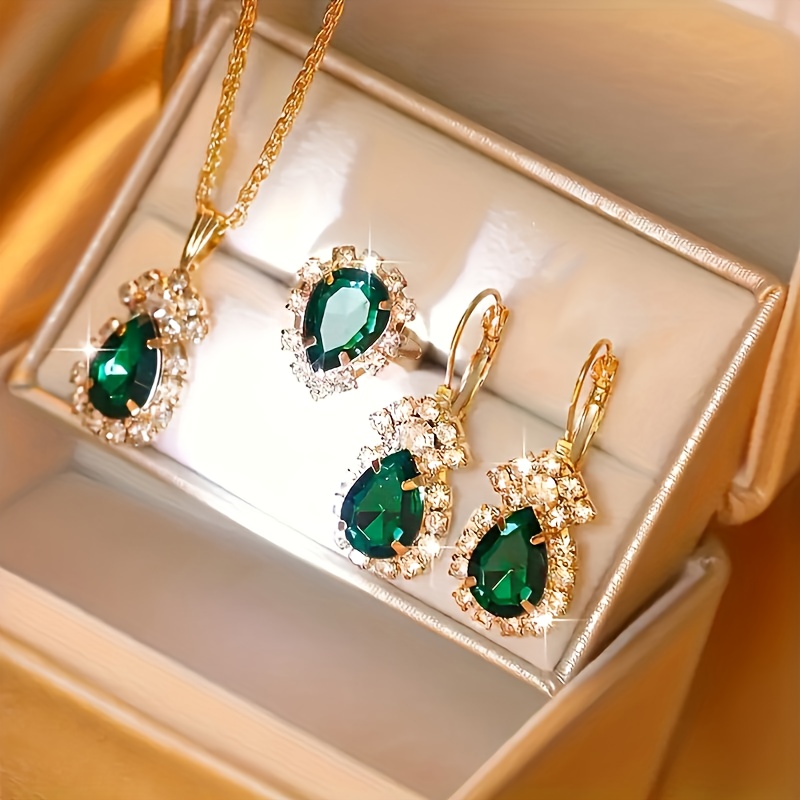 TEMU 4pcs Stylish Women's Colorful Teardrop Design Stainless Steel Rhinestone Jewelry Set: Necklace, Earrings & Ring Combo - Gift For Her