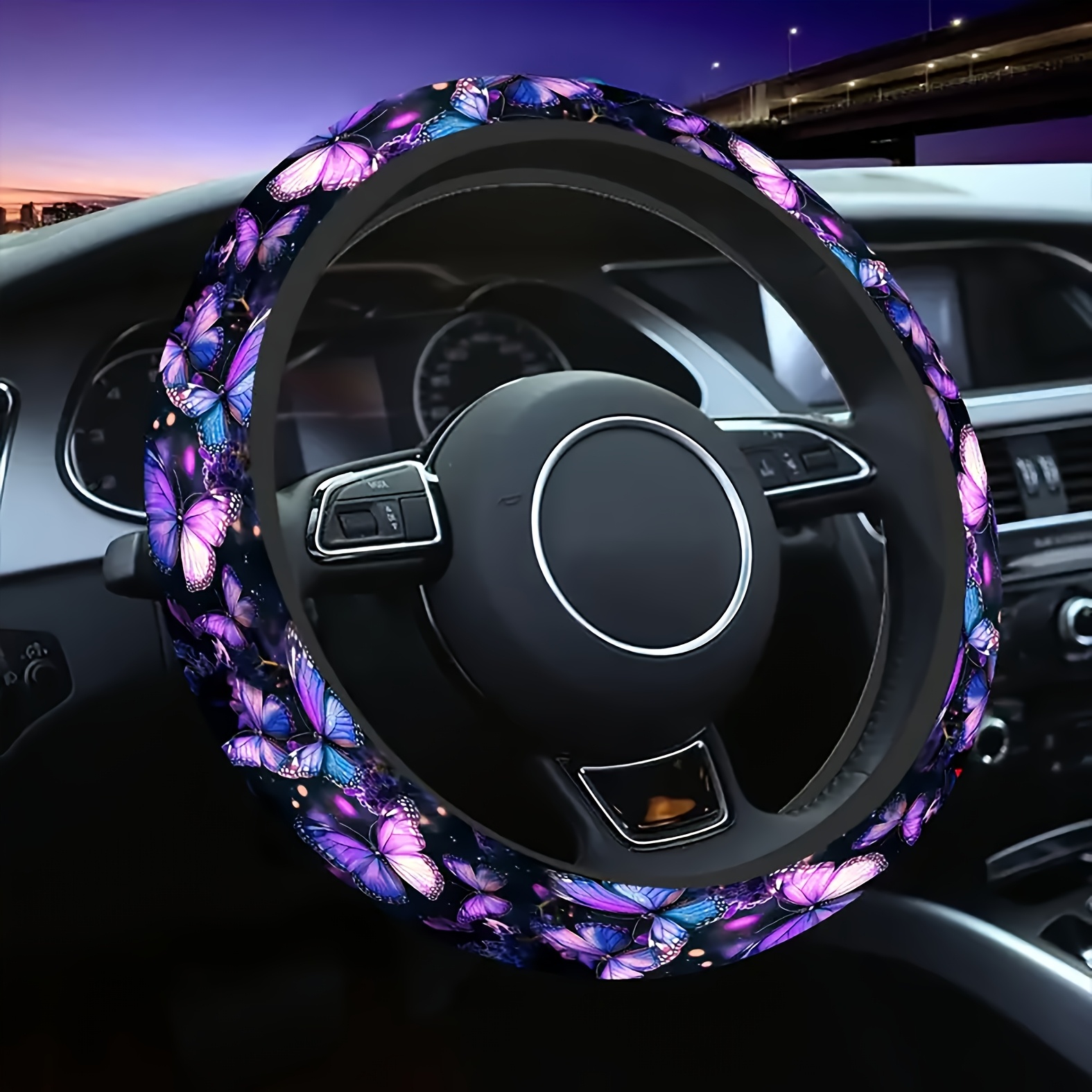 A Steering Wheel Cover Featuring A Purple Design, With A Non-slip, Elastic Grip, Suitable For Cars, Suvs, And Trucks. Measuring 38.1 Cm In Diameter, It Enhances The , Making It For