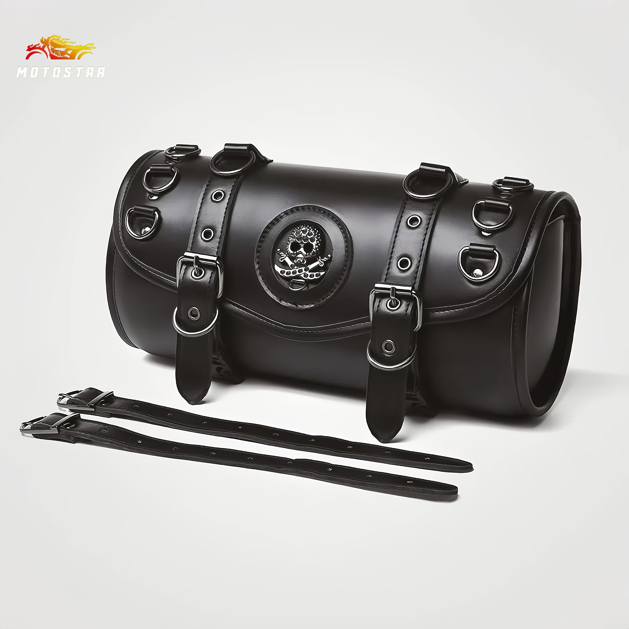 Black Vintage Punk Motorcycle Handlebar Bag, Pu Leather Cylindrical Front Bag, Metal Stud Accents, Storage, Stylish Gear For , Fits Models