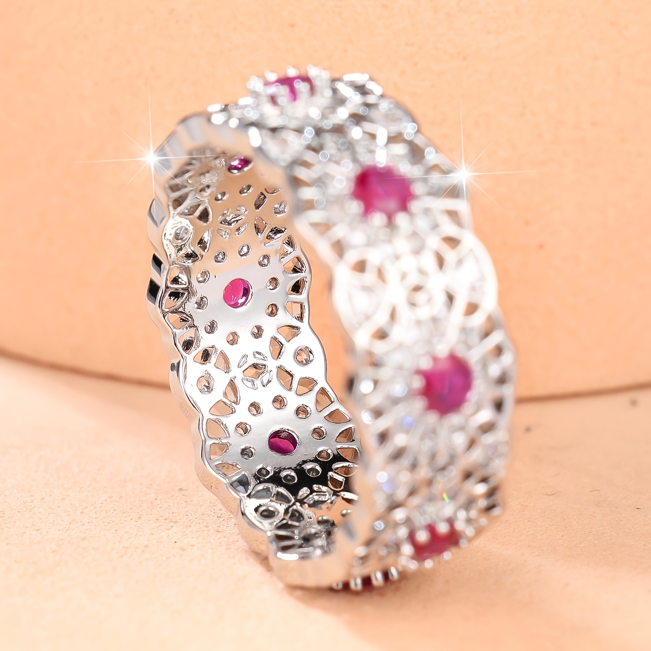 Women's Rose-Red Synthetic Zirconia Elegant Ring with Wide Band