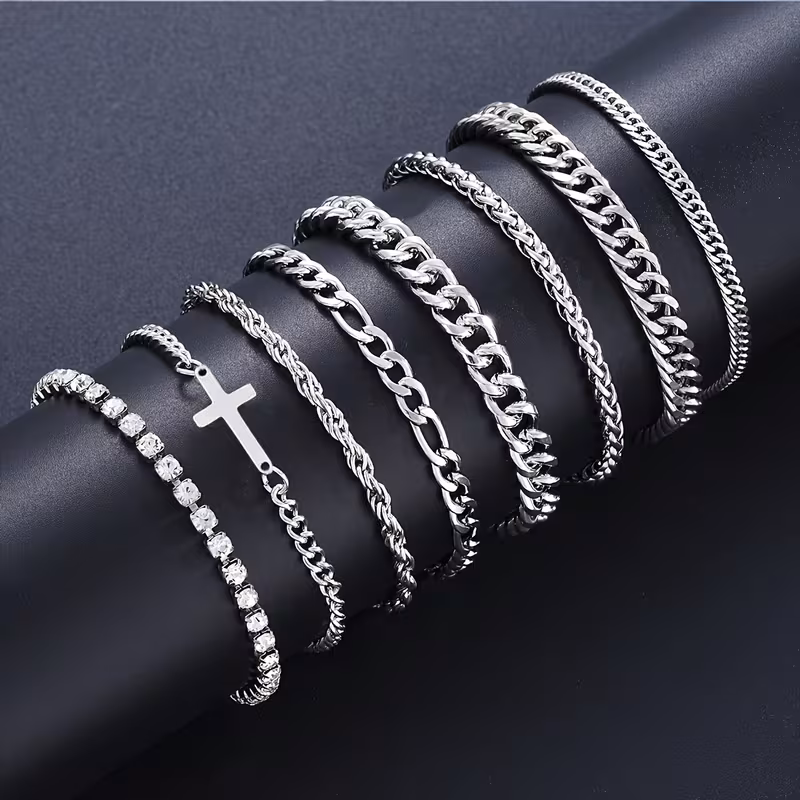 8pcs minimalist hip hop style stainless steel hollow cross chain bracelet set suitable for sports dates gifts parties and casual wear Product details 0