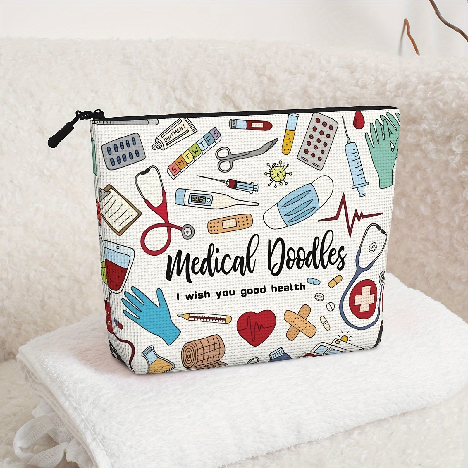 

1pc Medical Doodles Themed Cosmetic Bag, Beige Polyester Zippered Pouch With Strong Metal Zipper, Waterproof Multi-functional Organizer For Toiletries And Accessories