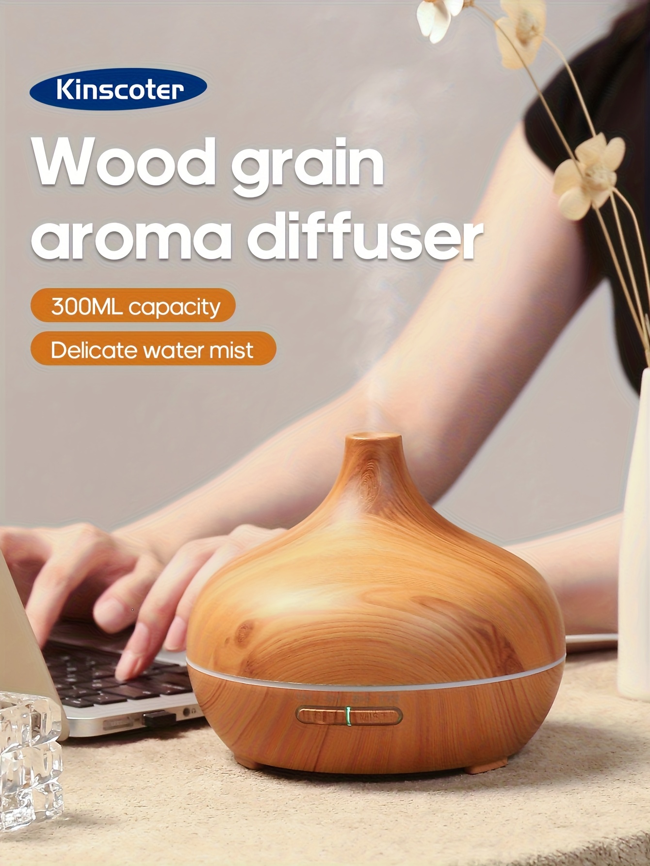 Difuzor de Aromă cu Textură de Lemn 300ml, Alimentat prin USB, 3 Stiluri (Lemn Închis/Deschis, Marmură), Lumini de Atmosferă cu 7 Culori și Timer, Operare Simplă cu Butoane Fără Telecomandă, Tehnologie Soundwave Silențioasă, Oprire Automată la Uscare, Umidificator de Uleiuri Esențiale pentru