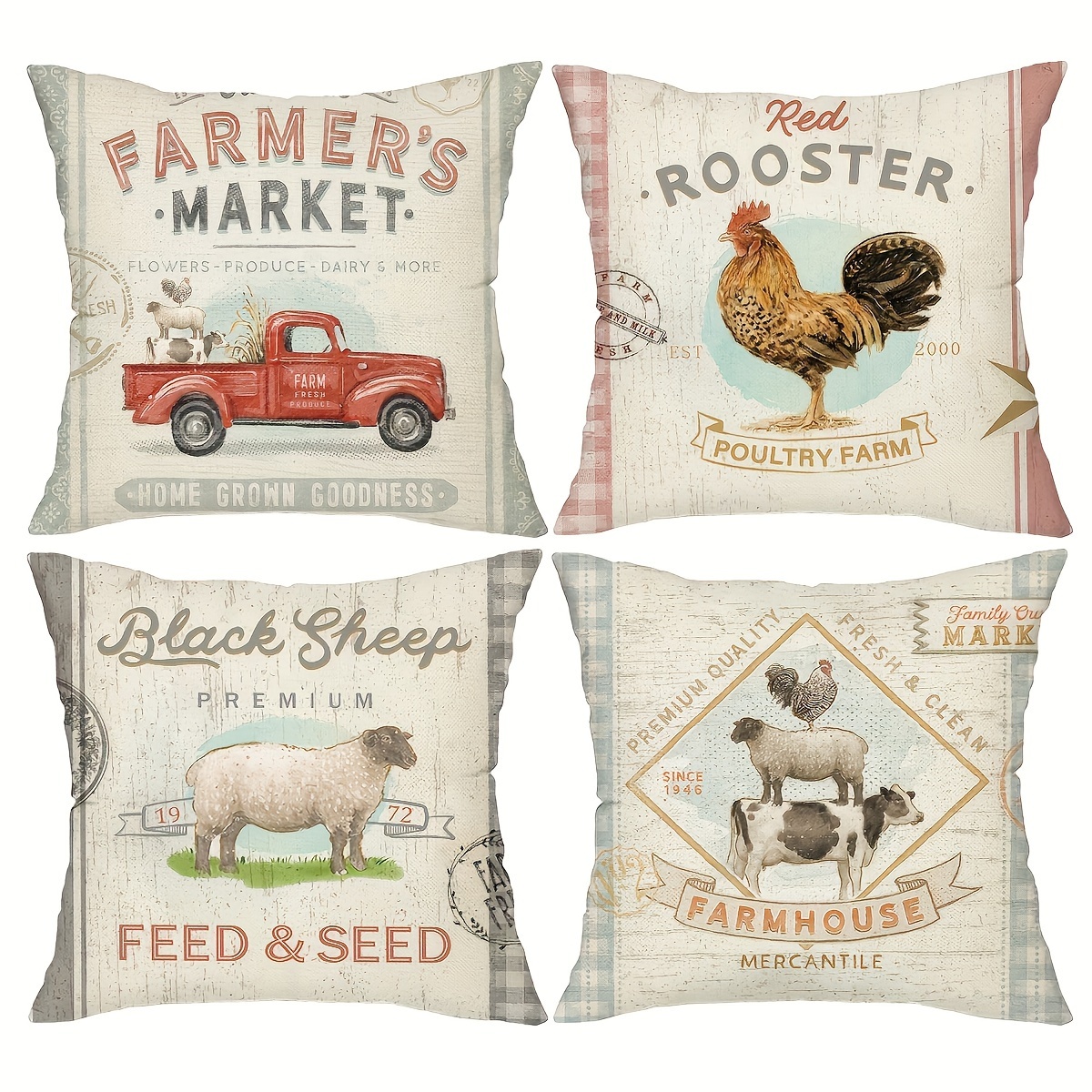 

4-pack Farmhouse Style Throw Pillow Covers, 18x18 Inches, Polyester, Zippered Cushion Cases, & Car Decor, Machine Washable, Woven Fabric, Farm Animal & Market Themes