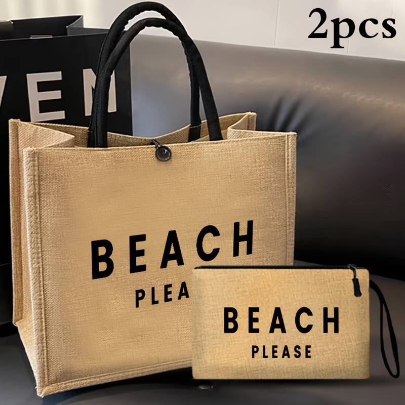 Image of [vmi] Special Fund No. 883 Beach Printed Tote Bag 2pcs Set, Lightweight Shopping Bag, Portable Travel Beach Bag With Cosmetic Pouch