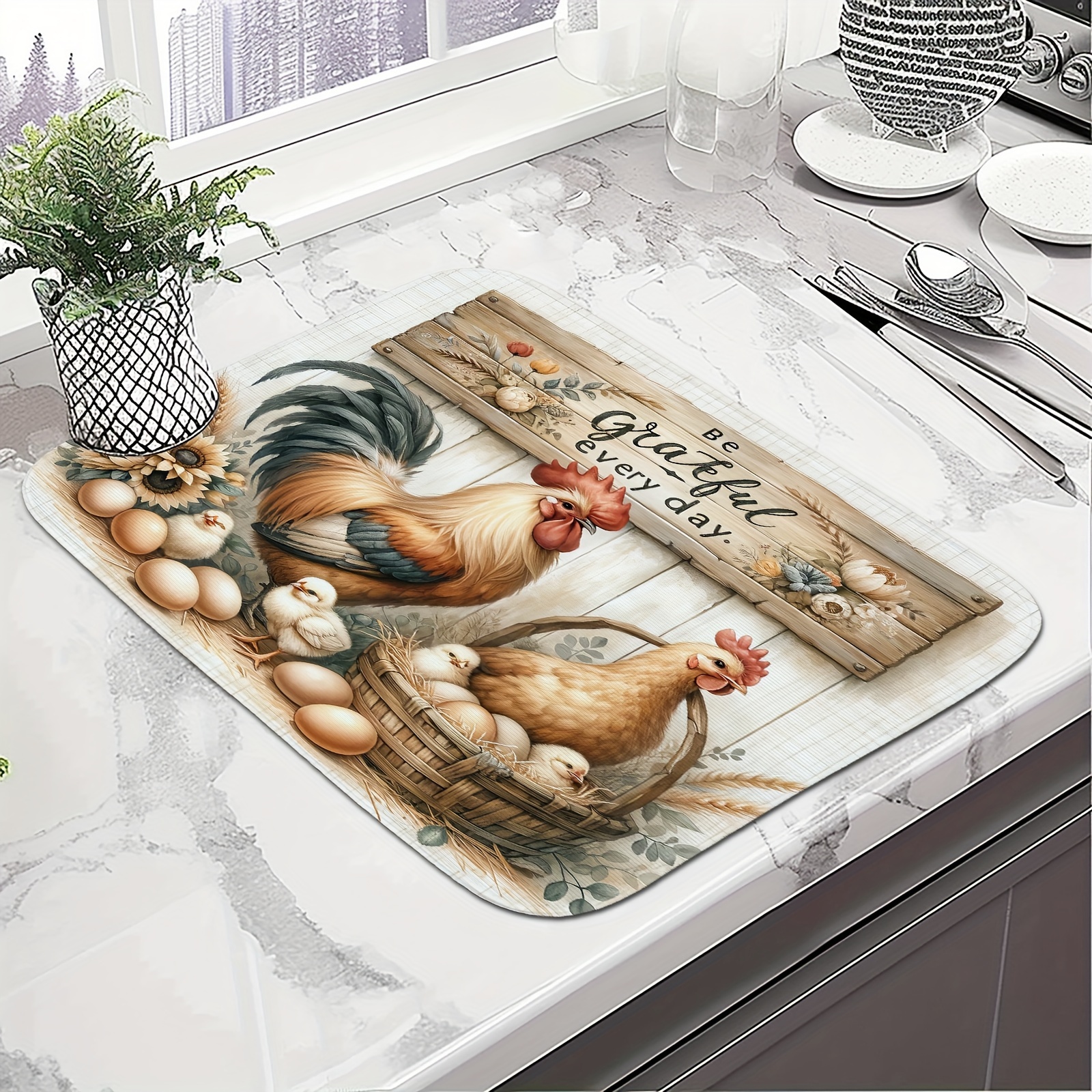 

A Printed Kitchen Drying Mat Breathable Mesh Fabric, Absorbent Glass Cloth, And Sponge, Featuring .