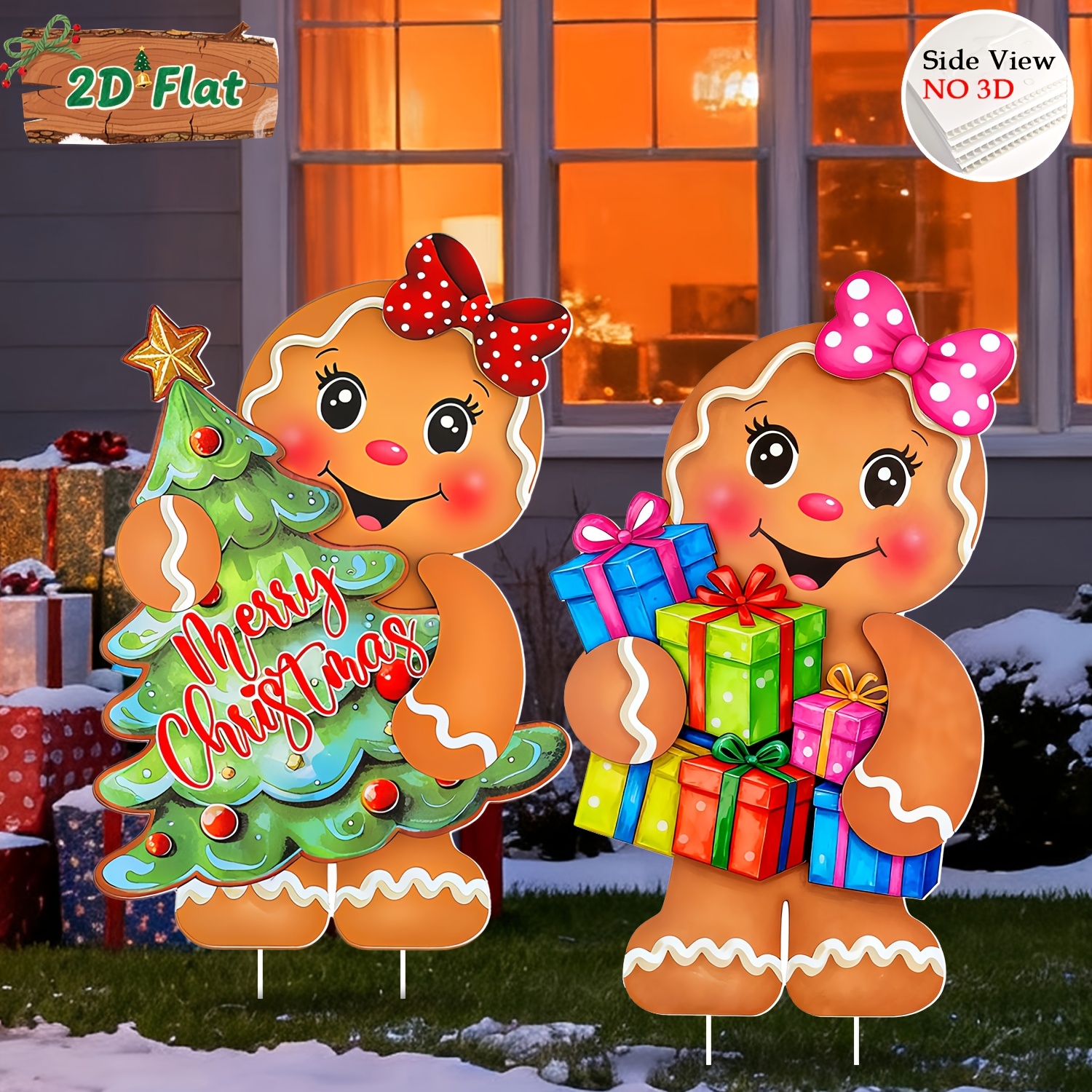 Image of 2d Flat, 2set Christmas Yard Sign Large Gingerbread For Man Girl Yard Stakes Xmas Decor Ornaments, Winter Signs For Lawn Garden Front Door Home Farmhouse Porch Outside, 2d Flat