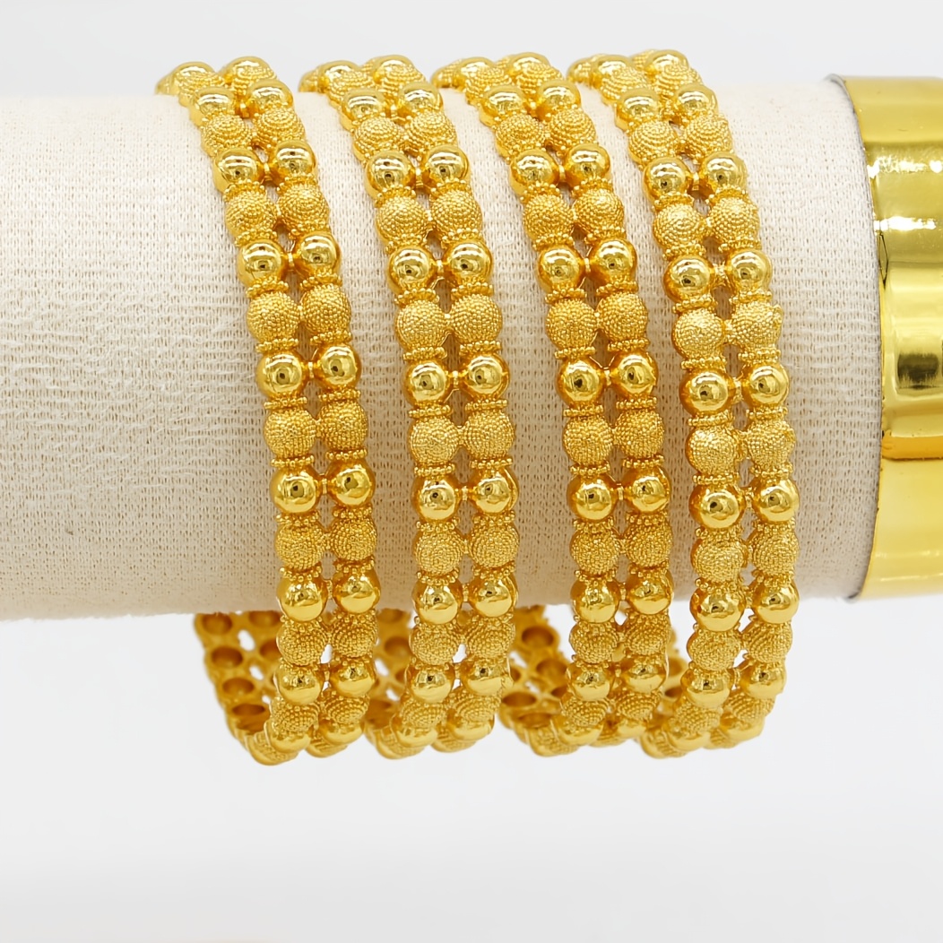 TEMU 4pcs Bracelet Set: Traditional Elegant Nail Sand + Smooth Beads Double-row Closed Bangle, Ideal For Women' Wear And Gift Giving