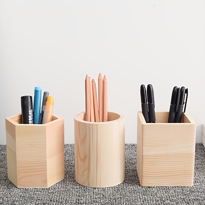 

1pc Wooden Pen Holder, 3.15x3.15x3.94 Inches - Multifunctional Desk Organizer For Home And Office Supplies Storage