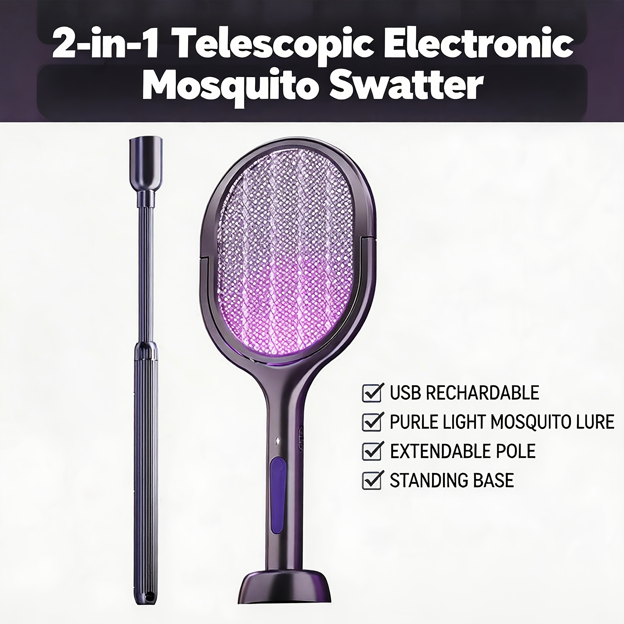 Image of 1pc 2-in-1 Retractable Electric Swatter, Usb Rechargeable 90° Rotatable Killer, Household Automatic Zapper, Handheld Insect Killer, Suitable For Indoor, Home, Office, Backyard
