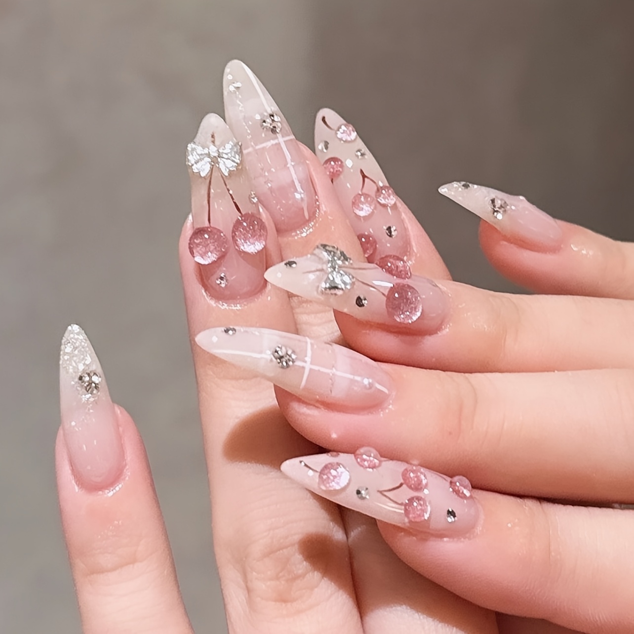 TEMU Cute Three-dimensional Pink Cat-eye Nails With Cherry Rhinestones And Stripes, Featuring A Detachable And Reusable Design