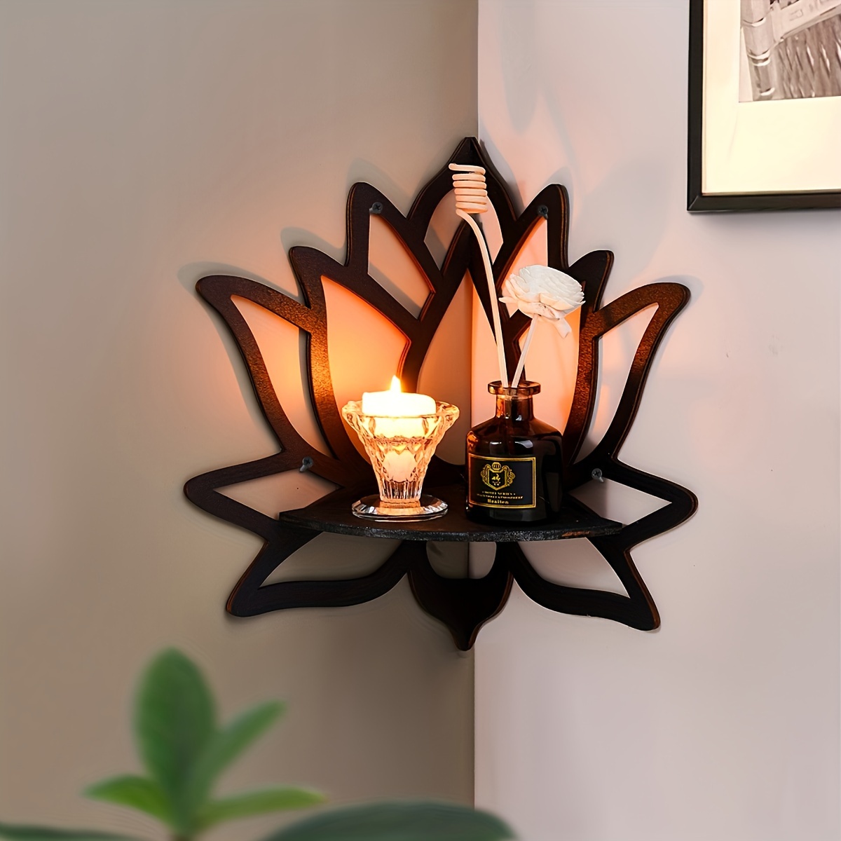 

Classic Lotus-shaped Wall Shelf Decorative Sconce – Manufactured Wood Candle Holder Wall Accent For Home Decor – Corner Hanging Ornament Display – No Electricity Or Feathers – 1 Piece General Fit